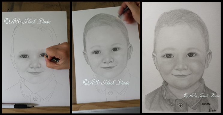 Portrait d'enfant d'après photo etape par etape DIY WIP Crayon graphite / fusain format A4 21x29.7 cm #Bapteme #Commande